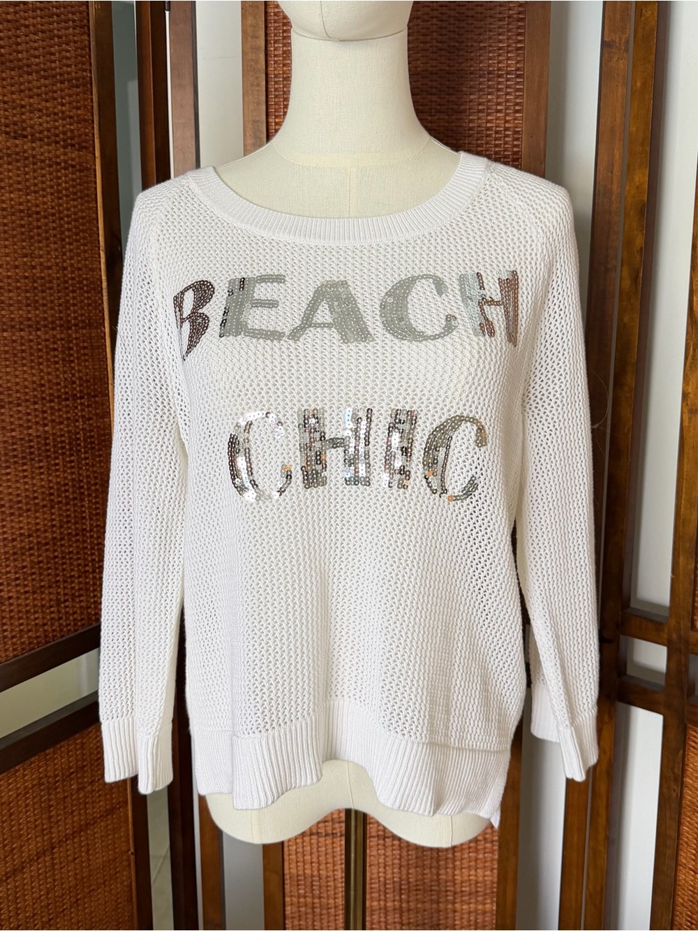 INC White 'Beach Chic' Sequin Pullover open knit Sweater large